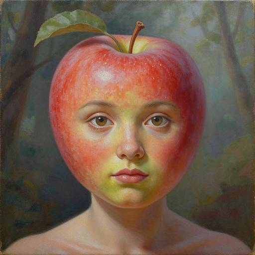 Digital painting of a young person with an apple for a head, featuring red and yellow hues, brown eyes, and a green leaf on top, set
