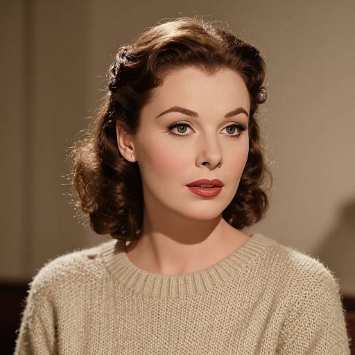 Photograph of a fair-skinned woman with vintage 1940s-style brown curled hair, wearing a beige knit sweater, with red lipstick and subtle
