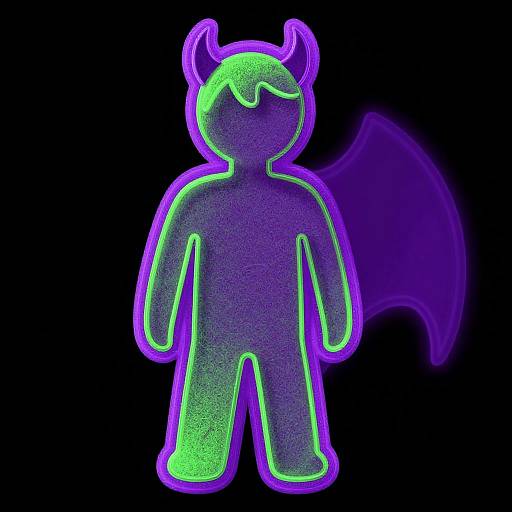 Neon digital drawing of a glowing green-purple demon figure with horns and wings, outlined in vibrant purple against a black background.