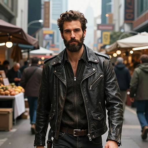 Photograph of a bearded man with dark, wavy hair in a black leather jacket and black shirt, standing in a busy urban street market at