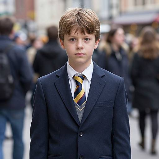 Photograph of a young boy with light brown hair, wearing a black suit, white shirt, and yellow-striped tie, standing in a blurred, busy