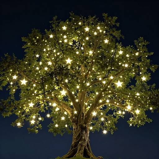 Photograph of a tree at night, adorned with numerous glowing yellow fairy lights, set against a dark blue sky.
