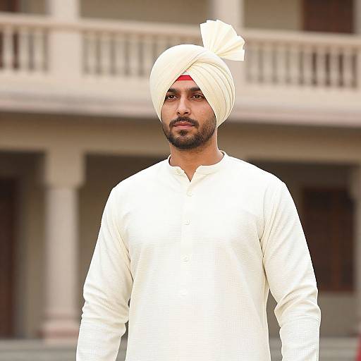 Photograph of a bearded South Asian man with medium brown skin, wearing a white traditional long kurta and white turban, standing in front of