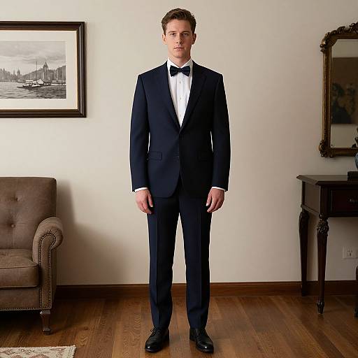 Photograph of a young man with short brown hair, wearing a black tuxedo, white shirt, and black bow tie, standing in a well