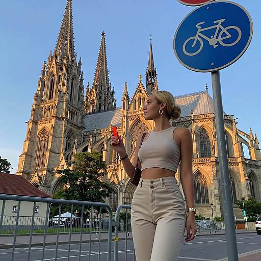 Woman Standing by Gothic Cathedral with Bicycle Sign