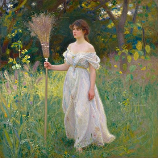 Digital painting of a fair-skinned woman with brown hair in a white off-shoulder dress holding a feather duster in a sunlit, colorful