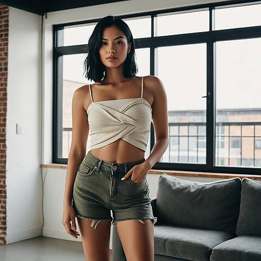 Woman in Twist Front Tube Top and Denim Shorts