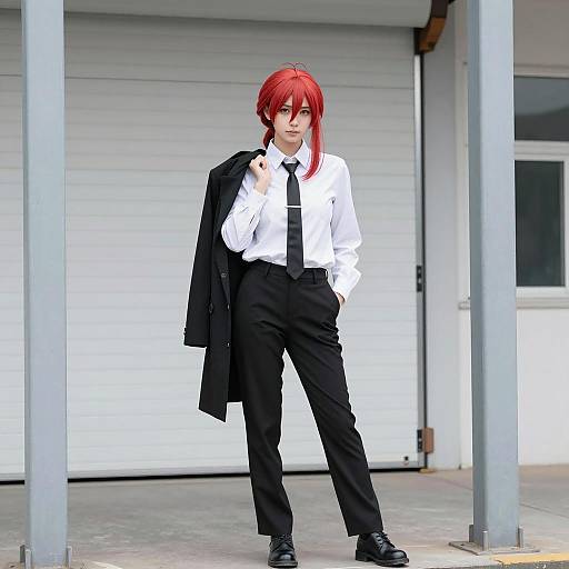 Confident Red-Haired Cosplayer in Formal Attire