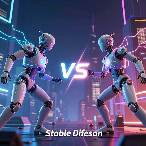 Futuristic AI Duel in Cyberpunk City