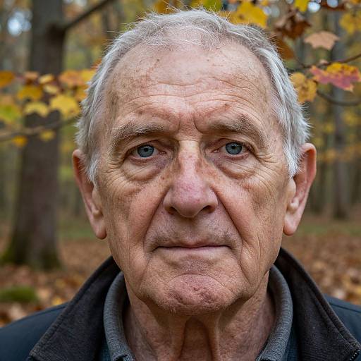 Photograph of an elderly white man with wrinkled skin, blue eyes, and white hair, wearing a black coat, standing in a autumn forest with