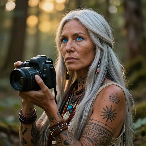 Photograph of a tattooed, silver-haired woman with blue eyes, wearing a beaded necklace and brown top, holding a camera in a forest.