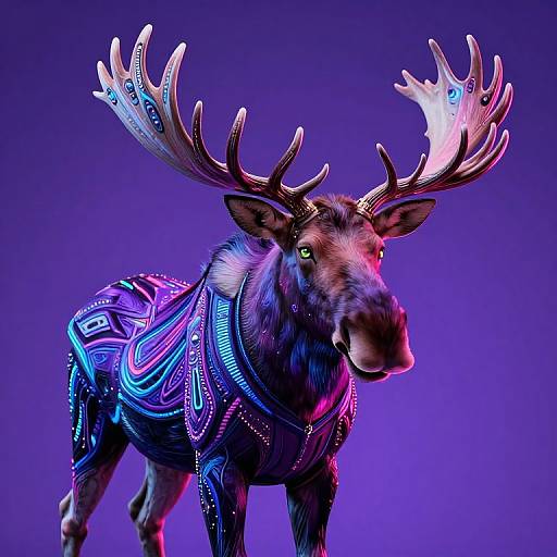 Digital artwork of a glowing, neon-patterned moose with large antlers, standing against a vibrant purple background, featuring blue and pink LED-like designs