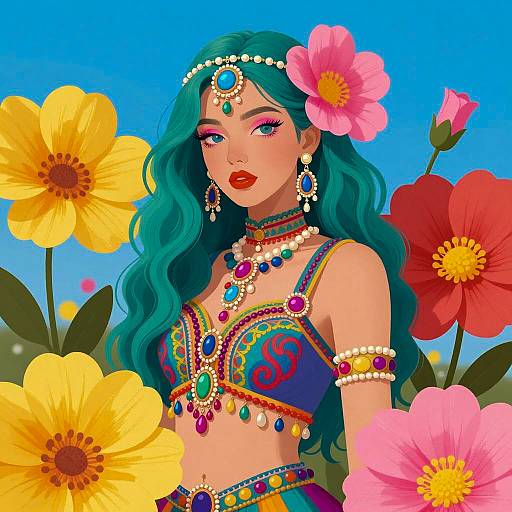 Vibrant Woman Among Colorful Flowers