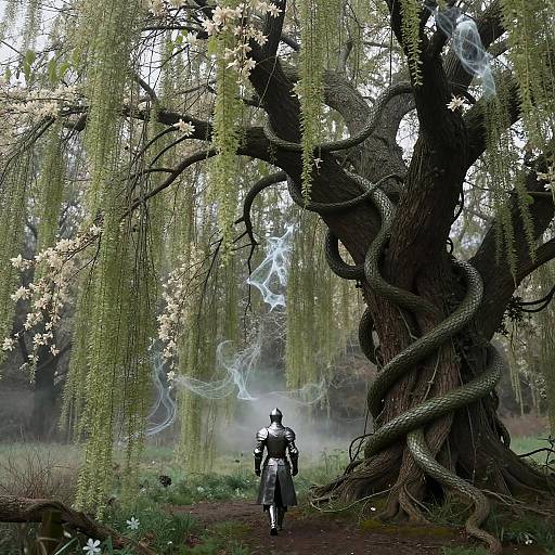 Digital artwork of a lone armored figure walking under a massive, twisted tree with white flowers and ghostly wisps.