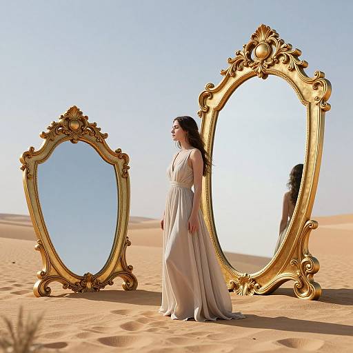 Photograph of a woman in a white, flowing gown standing beside two ornate, gold-framed mirrors in a desert landscape.