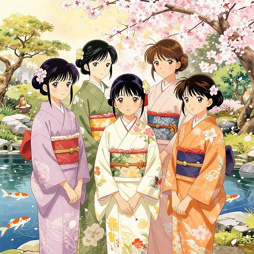 Anime-style digital illustration of five Japanese women in colorful kimonos, standing by a cherry blossom-filled pond with koi fish.
