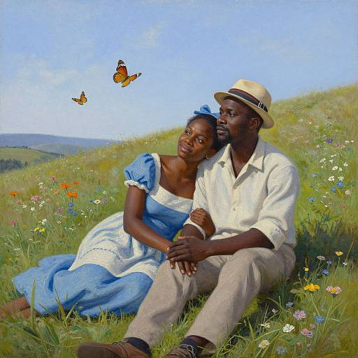 Painting of a smiling Black couple in blue and white clothes, sitting in a sunny meadow with butterflies, surrounded by wildflowers. He wears a