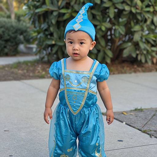 Photograph of a young Asian toddler wearing a blue genie outfit with gold accents, a pointed hat, and standing on a concrete sidewalk with green foliage in