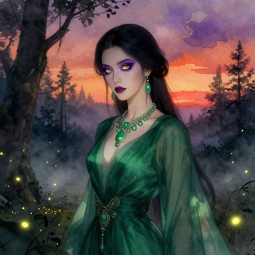 Digital painting of a mysterious woman with pale skin, dark hair, purple eyeshadow, green dress, and jewelry, standing in a forest at sunset