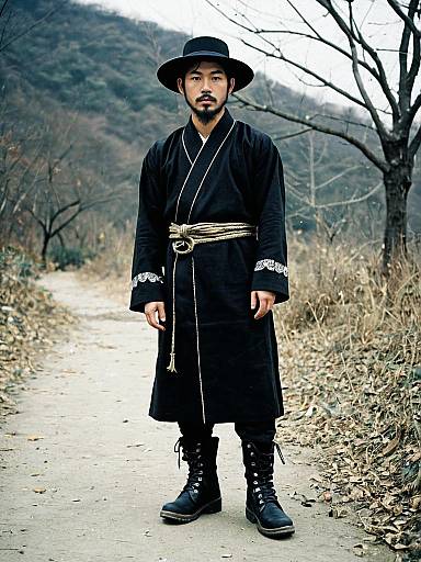 Photograph of an Asian man with a beard, wearing a black kimono, wide-brimmed hat, and black boots, standing on a leaf