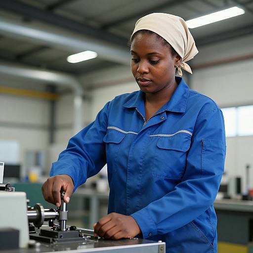 Photograph of a focused Black woman in blue work uniform and beige headscarf, operating machinery in a brightly lit industrial setting.