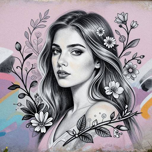 Digital illustration of a beautiful woman with long hair, surrounded by detailed flowers, against a pastel pink and purple background. Black and white ink style with