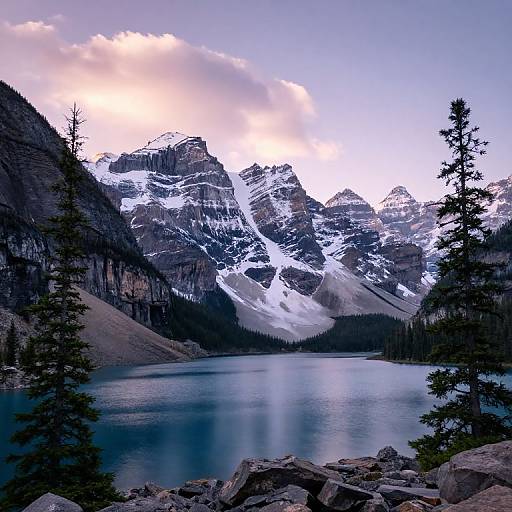 Photograph of a serene mountain lake surrounded by rocky shore and evergreen trees, with snowy, jagged peaks and a partly cloudy sky in the background