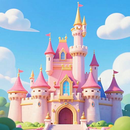 Digital cartoon castle with pink roofs, yellow accents, and red flags, set against a bright blue sky with fluffy white clouds.