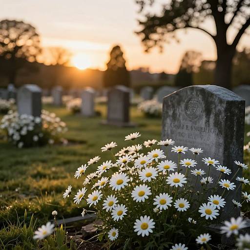 Photograph of a sunset-lit cemetery with white daisies in the foreground, gray tombstones in the background, and silhouetted trees