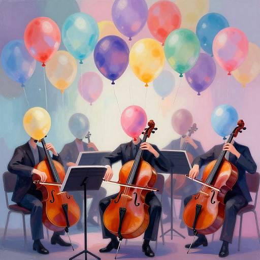 Digital painting of two musicians in black suits playing cellos, with colorful balloons floating above them, seated in front of a music stand.