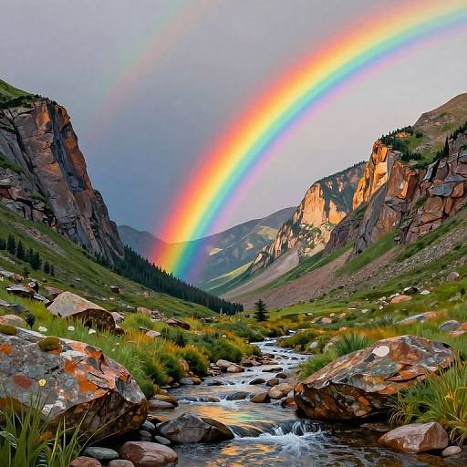 Photograph of a vibrant rainbow arching over a rocky mountain valley with a flowing stream, surrounded by green grass and pine trees.