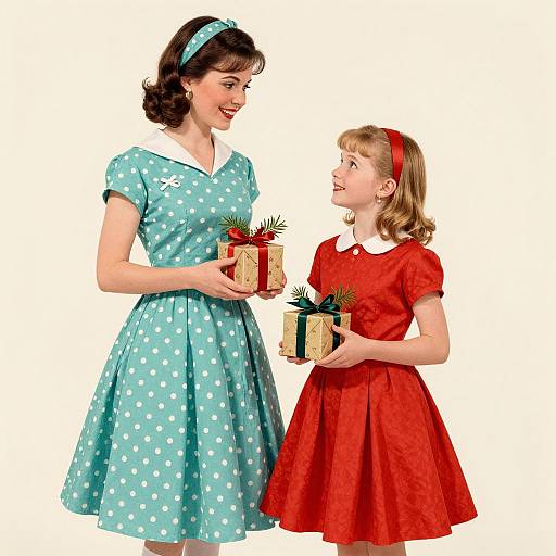 Vintage-style photograph of a smiling woman in a blue polka dot dress and a young girl in a red dress, both holding gifts, against a white