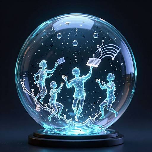 Glow-in-the-dark snow globe featuring neon blue silhouettes of dancing figures waving American flags, set against a dark background.