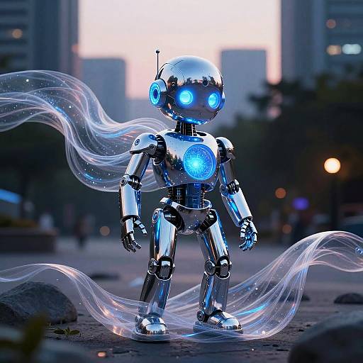 Photograph of a glowing blue robotic figure with ethereal, wispy light trails, standing in a urban, twilight setting with blurred city buildings in the