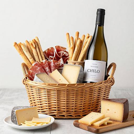 Photograph of a wicker basket filled with cheese slices, breadsticks, prosciutto, and a bottle of Chillo wine, with additional cheese