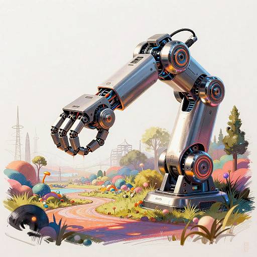 Digital illustration of a futuristic, metallic robotic arm with glowing orange accents, standing in a vibrant, colorful garden with flowers and grass. Bright, whimsical