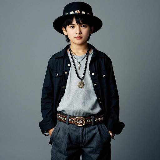 Boy in Stylish Black Hat and Jewelry