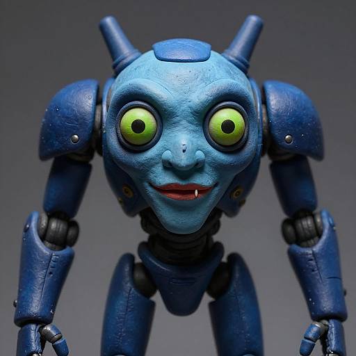 Photograph of a blue, robot-like character with large, green, wide-eyed expression, small fangs, and dark red lips, set against a