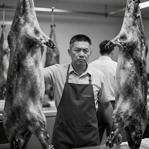 Stern Butcher Among Animal Carcasses
