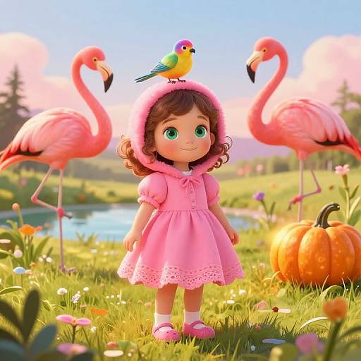 Dreamy Meadow Girl with Flamingos