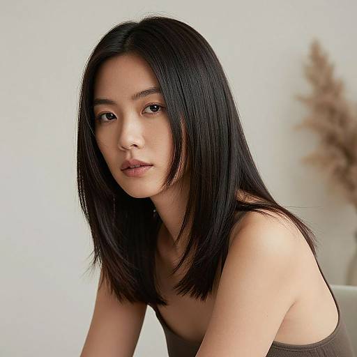 Photograph of an Asian woman with straight, shoulder-length black hair, light skin, and brown eyes, wearing a brown strapless top, against a