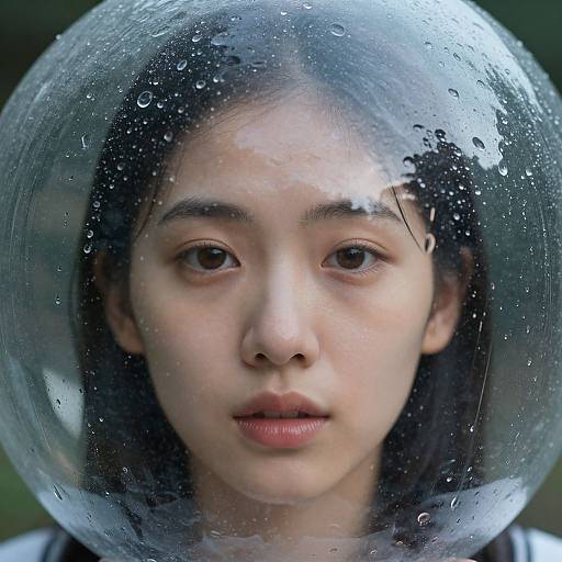 Photograph of an East Asian teenage girl with fair skin and black hair, wearing a transparent, raindrop-covered bubble helmet, with a neutral expression and