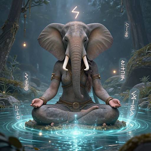 Digital artwork of a gray-skinned, anthropomorphic elephant meditating in a glowing, mystical forest pond. Blue runes and a lightning symbol surround her.
