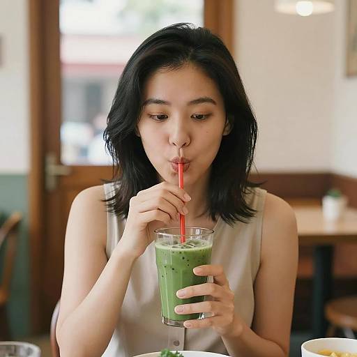 Asian Woman Enjoying a Refreshing Drink