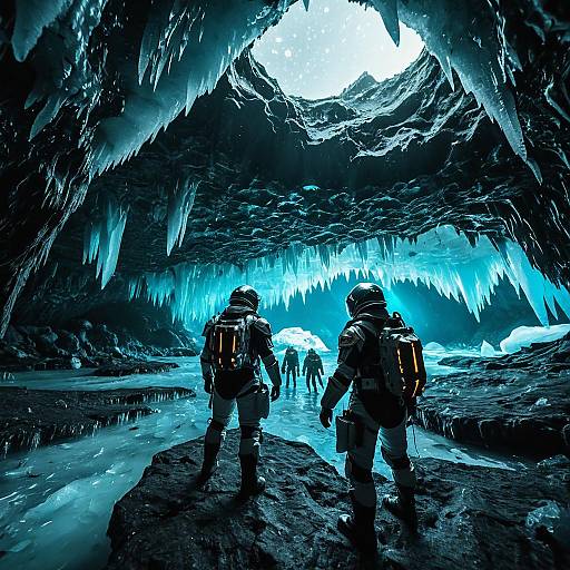 Explorers in Bioluminescent Ice Cave