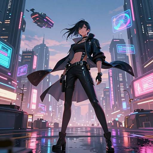 Cyberpunk cityscape at dusk featuring a confident woman with black hair, black leather outfit, and long coat, surrounded by neon lights and flying drones