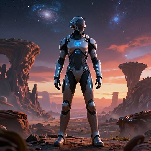 CGI image of a futuristic, humanoid robot standing in a rocky, alien landscape at sunset, with a glowing blue chest emblem and starry sky.