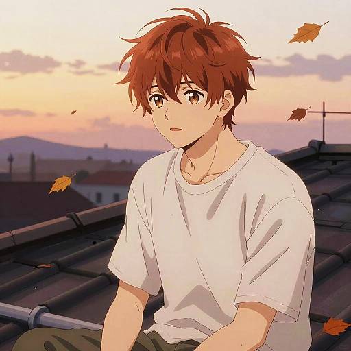 Anime-style digital drawing of a young man with brown hair and brown eyes, wearing a white shirt, sitting on a rooftop at sunset, with autumn leaves