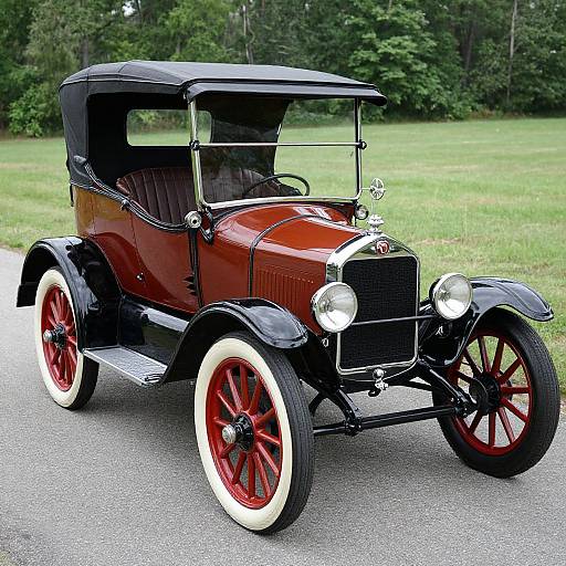 Vintage red and black antique car with white-walled tires and black leather interior, parked on a grassy roadside. Photograph.