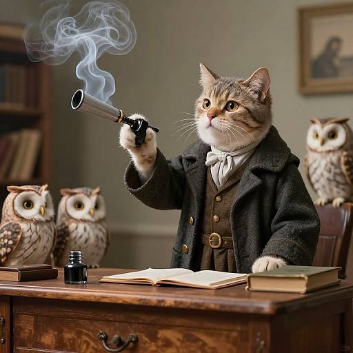 Photograph of anthropomorphic tabby cat in Victorian suit smoking a pipe, surrounded by realistic owls, writing on an open book.